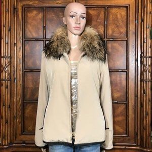 Anne Klein Genuine Raccoon Fur Detachable Collar Vegan Leather Trim Zip Jacket
